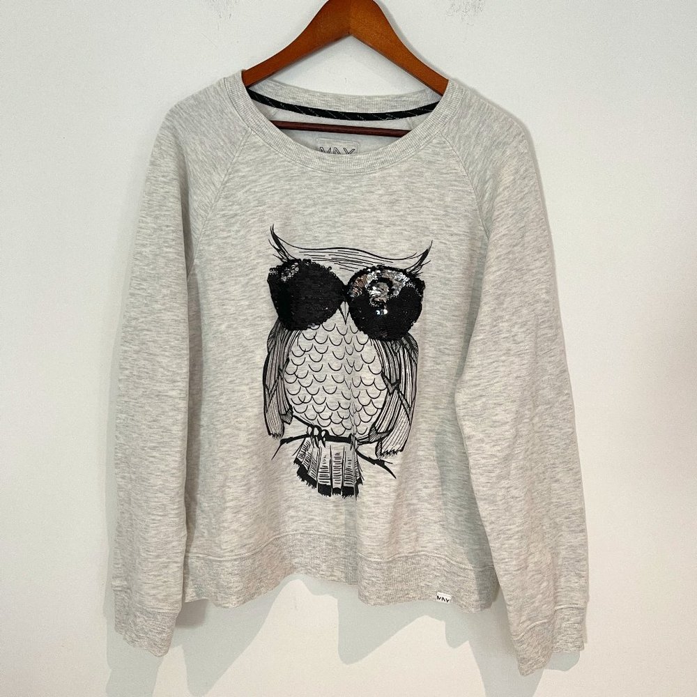 Marc New York Women Gray Black Silver Sequin Eyed Owl Graphic Sweatshirt Size XL